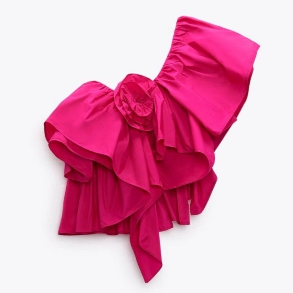 Zara One Shoulder Top Womens S Pink Ruffle Flower Barbiecore Party Maximalist